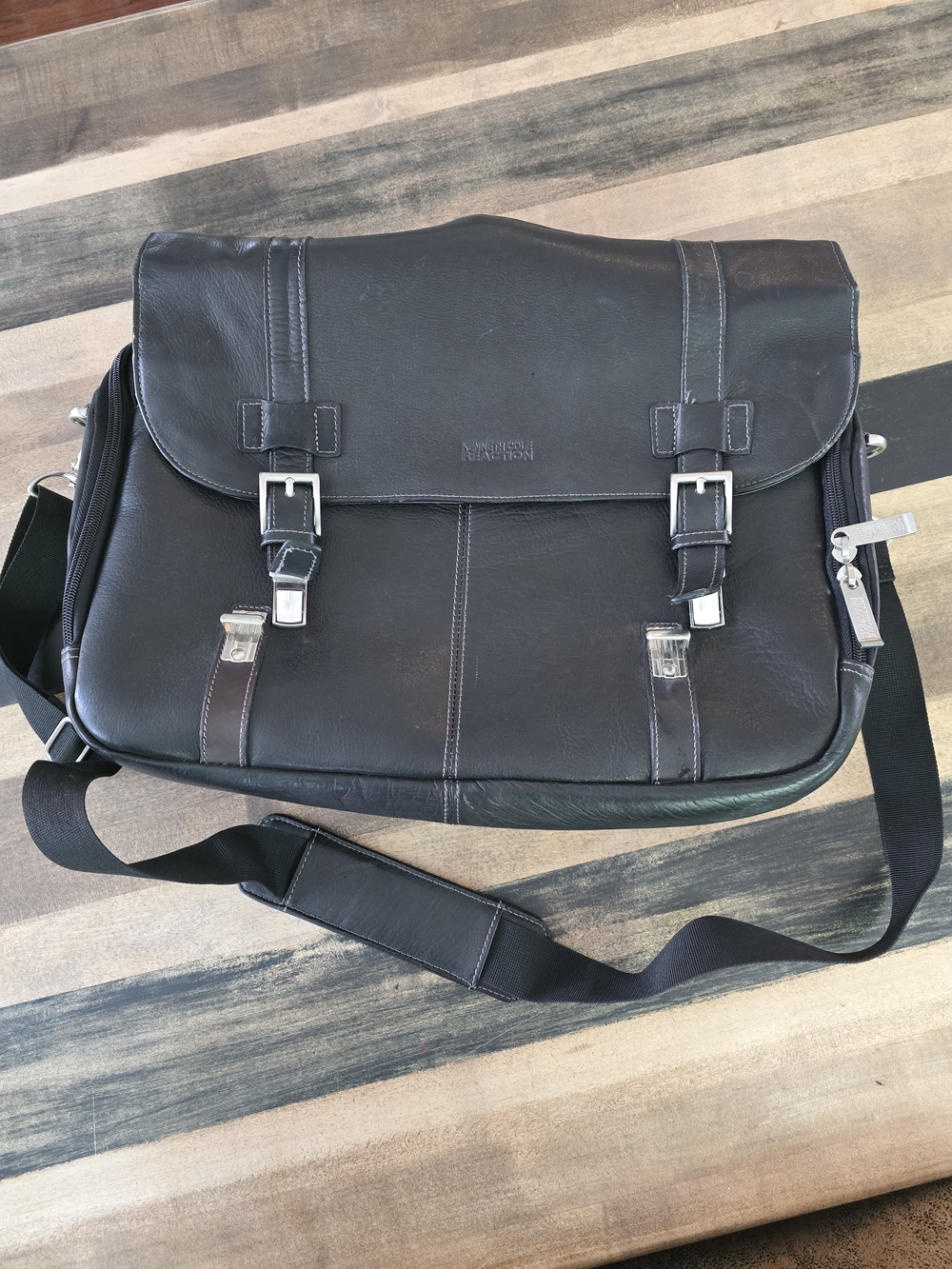 Kenneth Cole Reaction Black Leather Messenger with Silver Hardware